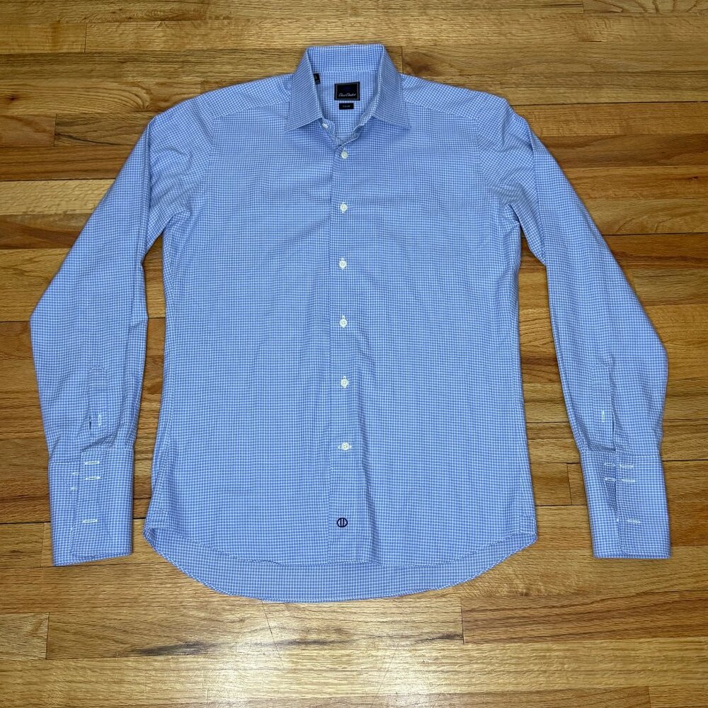 David Donahue Dress Shirt Mens 15 1/2 34/35 Blue & White Check Patterned Preppy